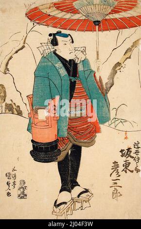 Der Schauspieler Bandō Hikosaburō als Ukiyo Inosuke in „Sekai ha Taira ume no kaomise“. Utagawa Kunisada (Toyokuni III) (Japan, Edo, 1786-1865). Japan, um 1832. Drucke; Holzschnitte. Farbholzschnitt Stockfoto