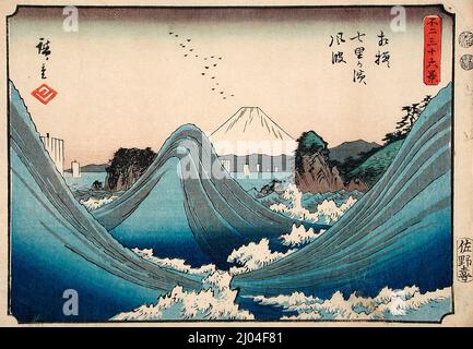 Windgeschüttelte Meere am Strand von Shichiri in der Provinz Sagami. Utagawa Hiroshige (Japan, Edo, 1797-1858). Japan, um 1852. Drucke; Holzschnitte. Farbholzschnitt Stockfoto