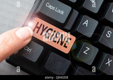 Textunterschrift zur Hygiene. Wort geschrieben über das Studium der Wissenschaft über die Einrichtung und Erhaltung der Gesundheit Abstract Reasearching Old Online Stockfoto