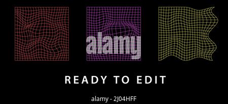 Sammlung von Rasterformen, Satz von bearbeitenfähigen Gitterformen, SciFi-Layouts für VR, Rahmen mit zu ändernden Punkten. Synthwave-Texturen im 80er-Jahre-Stil. Stock Vektor