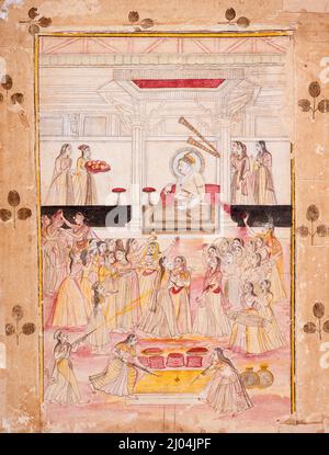 Kaiser Muhammad Shah (reg. 1719-48) präsidierte die Feierlichkeiten zum Frühlingsfest der Farben (Holi Utsava). Indien, Delhi, Mogulreich, um 1725-1750. Zeichnungen; Aquarelle. Tinte, opakes Aquarell und Gold auf Papier Stockfoto