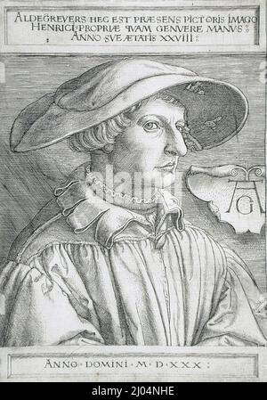 Selbstporträt. Heinrich Aldegrever (Deutschland, Paderborn, 1502-1561). Deutschland, 1530. Drucke; Gravuren. Gravur Stockfoto