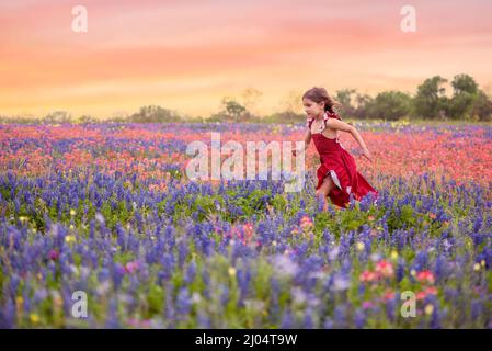 Mädchen In Roten Kleid Läuft In Texas Wildflower Field Stockfoto