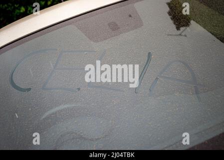 Southend on Sea, Essex, Großbritannien. 16. März 2022. Der Staub der Sahara wurde von Storm Celia nach Großbritannien gesprengt und dort bei Regen auf Autos abgelagert. Windschutzscheibe des Autos mit Celia im Sandstaub geschrieben. Stockfoto