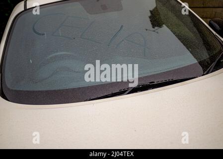 Southend on Sea, Essex, Großbritannien. 16. März 2022. Der Staub der Sahara wurde von Storm Celia nach Großbritannien gesprengt und dort bei Regen auf Autos abgelagert. Windschutzscheibe des Autos mit Celia im Sandstaub geschrieben. Stockfoto