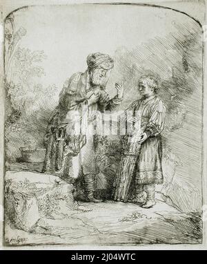 Abraham und Isaak. Rembrandt Harmensz. Van Rijn (Niederlande, Leiden, 1606-1669). Holland, 1645. Drucke; Radierungen. Ätzen Stockfoto