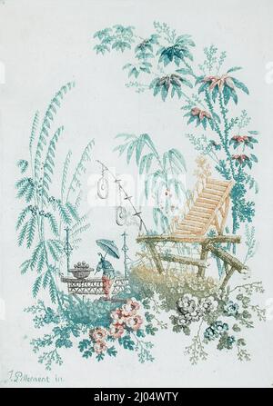 Chinoiserie-Design. Anne Allen (Frankreich, 1782-1850)Jean Baptiste Pillement (1728-1808). Frankreich, um 1798. Drucke; Radierungen. Farbradierung auf hellblauem Papier Stockfoto