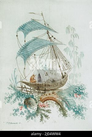 Chinoiserie-Design. Anne Allen (Frankreich, 1782-1850)Jean Baptiste Pillement (1728-1808). Frankreich, um 1798. Drucke; Radierungen. Farbradierung auf hellblauem Papier Stockfoto