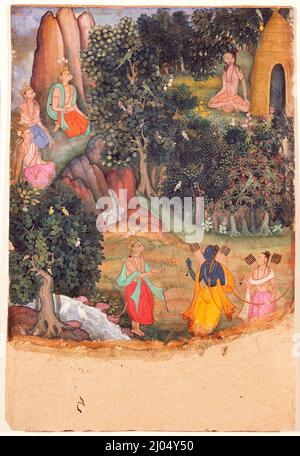 Rama und Lakshmana treffen Sugriva in Matanga's Hermitage, Folio von A Ramayana (Abenteuer von Rama). Indien, subimperialer Moghul, Agra (?), um 1595. Zeichnungen; Aquarelle. Undurchsichtige Aquarelle, Gold und Tinte auf Papier Stockfoto