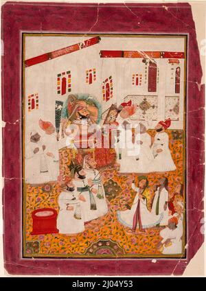 Maharana Bhim Singh von Udaipur (regierte 1778-1828) Kleider für das Teej (Swing) Festival. Chokha zugeschrieben (blühte um 1799-1824). Indien, Rajasthan, Mewar, Udaipur, um 1805-1810. Zeichnungen; Aquarelle. Undurchsichtiges Aquarell und Gold auf Papier Stockfoto