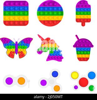 Ein Set beliebter Pop-Spielzeuge in Regenbogenfarben und ein einfaches handgemachtes Spielzeug mit Grübchen. Stock Vektor