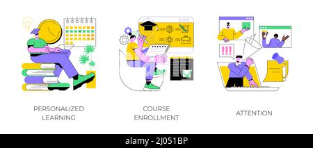 Flexibler Satz abstrakter Konzeptvektoren für den Studienplan. Personalisiertes Lernen, Kurseinschreibung, Aufmerksamkeit, Bewerbung für das Studium, neuer Student, Konzentration, Multitasking abstrakte Metapher. Stock Vektor