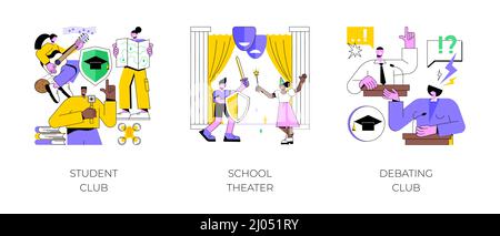 After-School-Aktivität abstraktes Konzept Vektor Illustration Set. Studentenklub, Schultheater, Debattierwettbewerb, öffentlich sprechen, Dramaturgie, hochschulcampus Veranstaltung, Kommunikation abstrakte Metapher. Stock Vektor