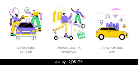 Urbaner Transport abstraktes Konzept Vektor Illustration Set. Carsharing-Service, städtischer Elektrotransport, autonomes Auto, Mietservice, City Lifestyle, Abstrakte Metapher für selbstfahrende Fahrzeuge. Stock Vektor