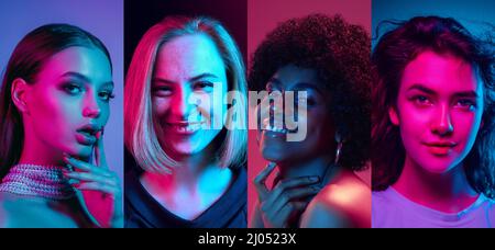Composite-Bild mit Porträts von jungen schönen multiethnischen Frauen auf bunten Hintergrund in Neon. Konzept der menschlichen Emotionen, Gesichtsausdruck Stockfoto