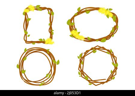 Set Rahmen aus Holz Zweig mit Blättern, Dandelion, Frühling Girlande aus Stäbchen, nette Dekoration in Cartoon-Stil isoliert auf weißem Hintergrund. . Vektorgrafik Stock Vektor