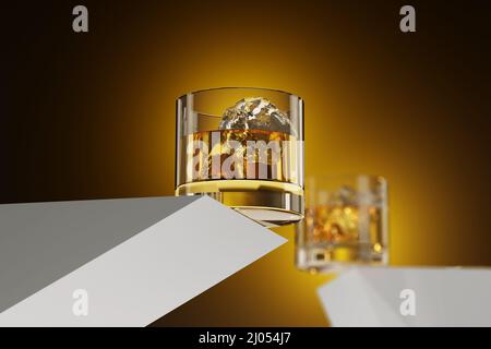 Zwei Whiskey-Gläser mit Eiswürfeln - 3D Illustration Stockfoto