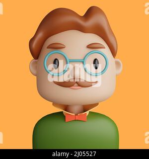 3D Illustration eines lächelnden kaukasischen Mannes. Cartoon Nahaufnahme Porträt des stehenden kaukasischen Mannes mit Schnurrbart auf einem gelben Hintergrund. 3D Avatar für ui Stockfoto