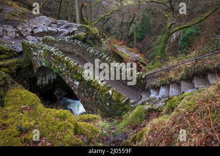 Die Packhorse-Brücke über die Aira Force bei Ullswater im Winter, Lake District, England Stockfoto