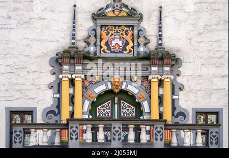 Wappen am Weser-Renaissance-Portal, Hannoversch Münden, Niedersachsen, Deutschland, Europa Stockfoto