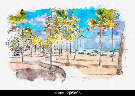 Aquarell-Illustration der Strandpromenade mit Palmen in Fort Lauderdale Stockfoto
