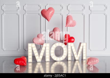 MAMA Lichtschild mit Herzen Ballons herum. Konzept des Muttertages, Feier, Haus, Glückwünsche, Liebe und Geschenke. 3D Rendern Stockfoto