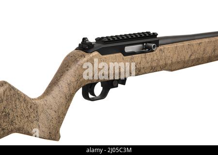 Moderne halbautomatische Kleinkaliber .22lr Gewehr. Sport Karabiner .22lr. Isolieren auf weißem Hintergrund. Stockfoto