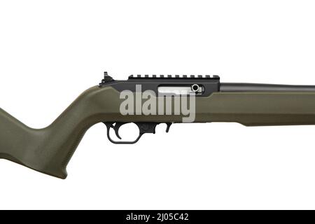 Moderne halbautomatische Kleinkaliber .22lr Gewehr. Sport Karabiner .22lr. Isolieren auf weißem Hintergrund. Stockfoto