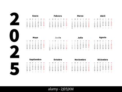 2025 Jahre einfacher horizontaler Kalender auf spanisch, typografischer Kalender isoliert auf Weiß Stock Vektor