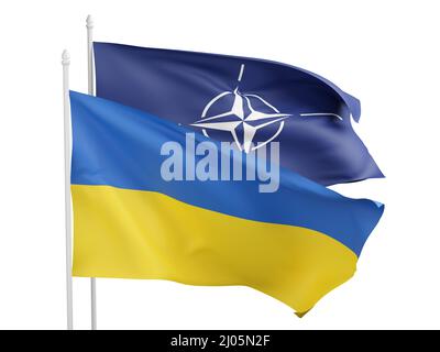 Ukrainische Flagge neben der NATO-Flagge. 3D Abbildung. Stockfoto