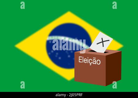 Wahlen in Brasilien. Wahlurne. Umschlag mit einem Kreuz und Flagge Brasiliens im Hintergrund. Demokratiekonzept. Stockfoto