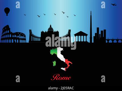 Skyline von Rom Silhouette - Illustration, Stadt im blauen Hintergrund, Karte von Italien Stock Vektor