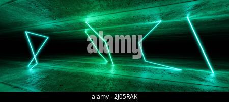 Leer futuristisch grün neon hell dunkel Beton Keller 3D Rendern Illustration Stockfoto