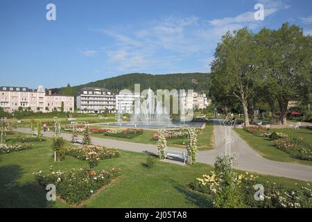 Blick auf den Rosenpark in Bad Kissingen, Bayern, Deutschland Stockfoto