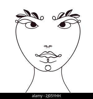 Eine minimalistische, von Hand gezeichnete Skizze eines weiblichen Gesichts mit Blättern als Augenbrauen. Schwarz-Weiß-Abbildung. Stockfoto