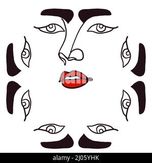 Inked kreisförmiges Design des weiblichen Gesichts auf quadratischem weißem Hintergrund. Betonung ihrer Augen und Brauen. Illustratives Porträt. Stockfoto