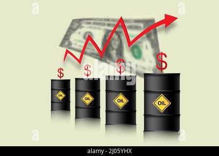 Der Ölpreis steigt. Barrel Öl, Dollar und Infografiken mit einem roten Pfeil nach oben. Konzept der steigenden Rohölpreise, Vektordarstellung isoliert Stock Vektor