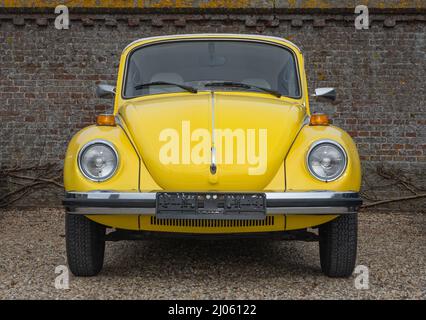 Brummen, Provinz Gelderland, Niederlande, 12.03.2022, Vorderansicht des eleganten gelben Volkswagen Beetle Stockfoto