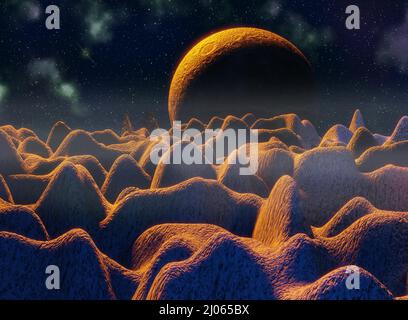 Fantastische Sonnenuntergangslandschaft auf einem unbekannten Planeten 3D Render Stockfoto