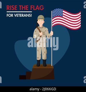 Soldat mit der Flagge der USA auf dem Podium Happy Veterans Day Vector Stock Vektor