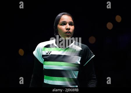 Der ägyptische Doha Hany ist am Tag einer der YONEX All England Open Badminton Championships in der utilita Arena Birmingham in Aktion. Bilddatum: Mittwoch, 16. März 2022. Stockfoto