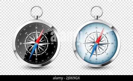 Realistischer Vintage-Kompass aus Silber mit mariner Windrose und Himmelsrichtungen nach Norden, Osten, Süden, Westen. Kompass aus glänzendem Metall Stock Vektor