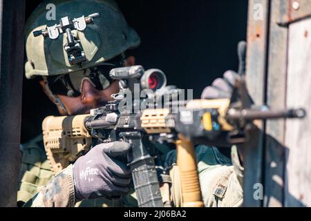 Ein niederländischer Marine mit Marine-Geschwader Carib, Netherlands Marine Corps, setzt Sicherheit während der Übung Caribbean Urban Warrior auf Camp Lejeune, North Carolina, 14. März 2022. Bei der Übung handelt es sich um eine bilaterale Fortbildungsentwicklung, die darauf ausgelegt ist, die globale Interoperabilität zwischen 2D Aufklärungsbataillon, 2D Marine Division und Marine Squadron Carib zu verbessern. (USA Marine Corps Foto von Lance CPL. Ryan Ramsammy) Stockfoto