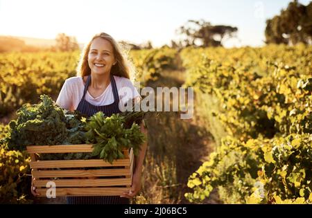 Verpackt voller grüner Güte. Beschnittenes Porträt einer attraktiven jungen Frau, die auf einem Bauernhof eine Kiste voller frisch gepflückter Produkte in der Hand hält. Stockfoto