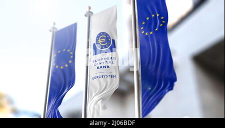 Frankfurt, Deutschland, Februar 2022: Europäische Flaggen winken im Wind mit der weißen Flagge der Europäischen Zentralbank im Zentrum Stockfoto