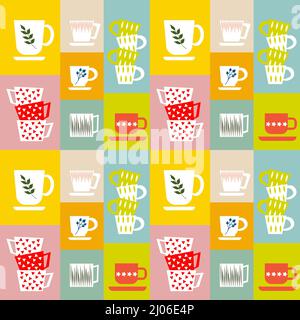 Nahtloses Muster mit Cups auf farbigem Hintergrund. Küchengeschirr. Stock Vektor
