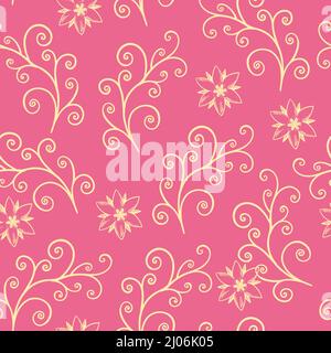 Schwarz-Weiß geradliniges Nahtloses Muster mit Pflanzen- und Blumenelementen für Design und Malbücher. Stock Vektor