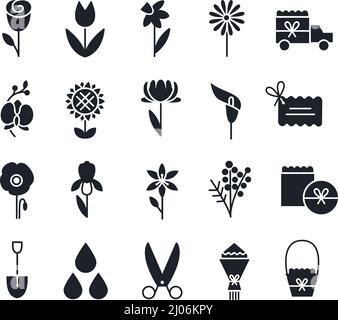 Silhouetten von Blumen Icon-Set. Symbole für Gartenarbeit und Blumenlieferung Stock Vektor