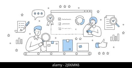 Qualitätskontrolle Doodle Konzept. Produktherstellung und Sicherheitsprüfer testen die Produktion. Kundenfeedback, Inspektion, abstrakte Metapher des Garantiezertifikats, Vektorgrafik „Linienkunst“ Stock Vektor