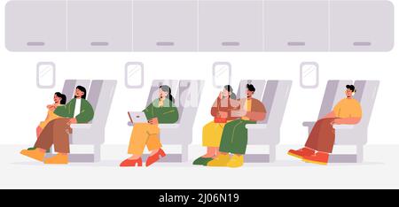 Die Menschen reisen mit dem Flugzeug. Die Passagiere sitzen auf komfortablen Sitzen der Economy Class und entspannen, hören Musik, arbeiten auf dem Laptop, schlafen. Männer, Frauen, Kinder Flug am Flugzeug Bord, Linie Kunst Vektor Illustration Stock Vektor